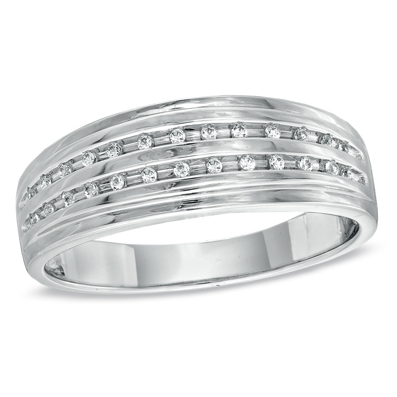 Main Image 1 of Men's 1/15 CT. T.W. Diamond Double Row Wedding Band in Sterling Silver