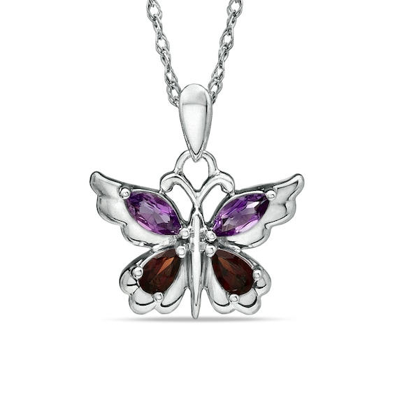 Amethyst and Garnet Butterfly Pendant in Sterling Silver