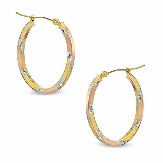 22mm Oval Tri-Tone Hoop Earrings in 14K Gold