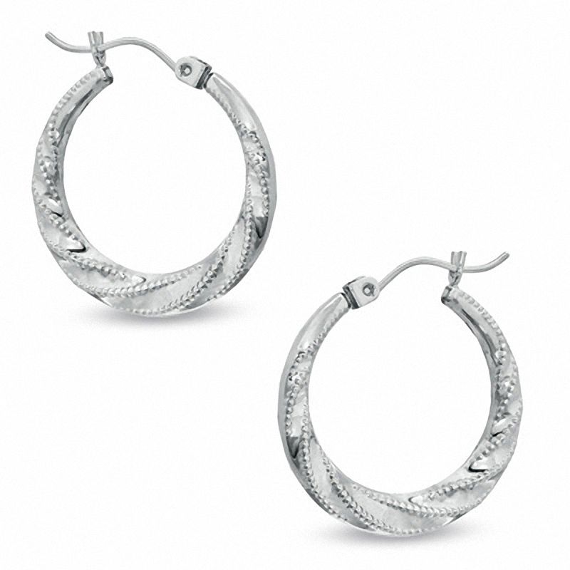 Main Image 1 of Beaded Twist Hoop Earrings in 14K White Gold