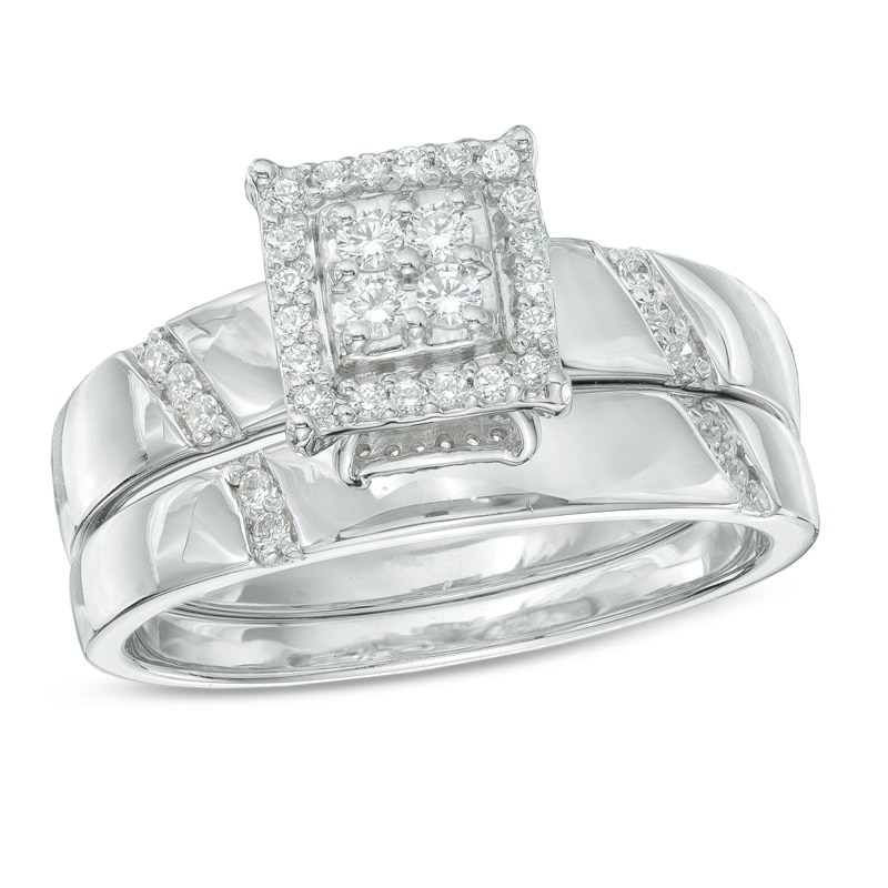 Main Image 1 of 1/5 CT. T.W. Multi-Diamond Square Frame Bridal Set in 10K White Gold
