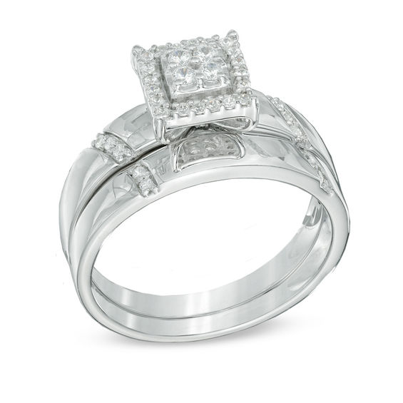 1/5 CT. T.w. Multi-Diamond Square Frame Bridal Set in 10K White Gold