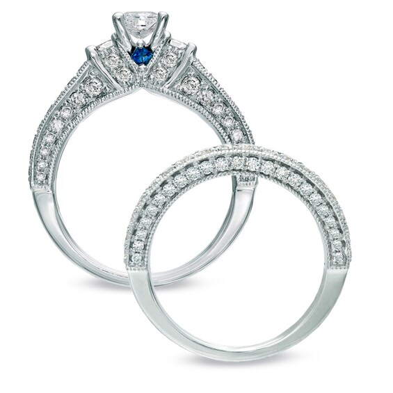 Vera Wang Love Collection 2 CT. T.W. Princess-Cut Diamond Three Stone Vintage-Style Bridal Set in 14K White Gold Vera Wang Love Collection 2 CT. T.W. Princess-Cut Diamond Three Stone Vintage-Style Bridal Set in 14K White Gold