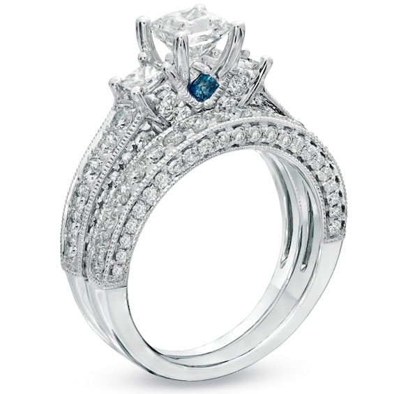 Vera Wang Love Collection 2 CT. T.W. Princess-Cut Diamond Three Stone Vintage-Style Bridal Set in 14K White Gold Vera Wang Love Collection 2 CT. T.W. Princess-Cut Diamond Three Stone Vintage-Style Bridal Set in 14K White Gold