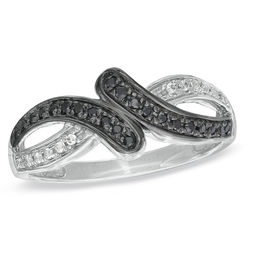 Enhanced Black and White Diamond Accent Bypass Ring in Sterling Silver