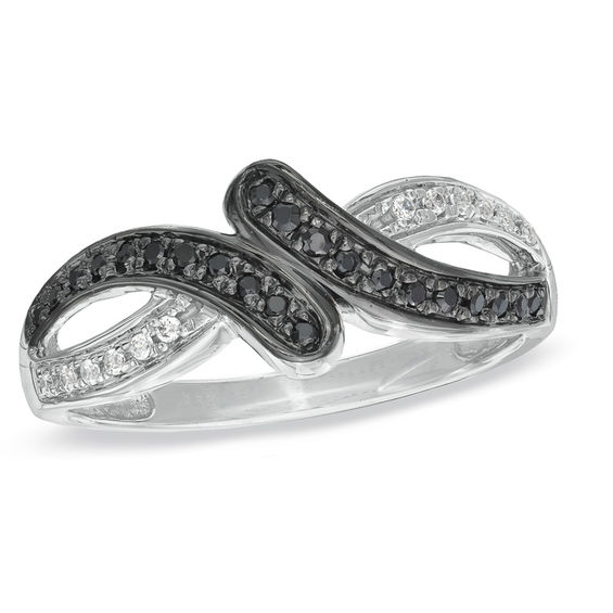 Enhanced Black and White Diamond Accent Bypass Ring in Sterling Silver