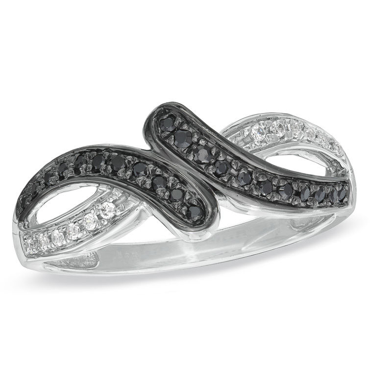 Main Image 1 of Enhanced Black and White Diamond Accent Bypass Ring in Sterling Silver
