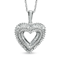 3/4 CT. T.W. Round and Baguette Diamond Heart Pendant in Sterling Silver