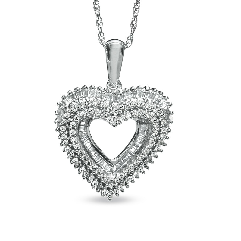 3/4 CT. T.W. Round and Baguette Diamond Heart Pendant in Sterling Silver