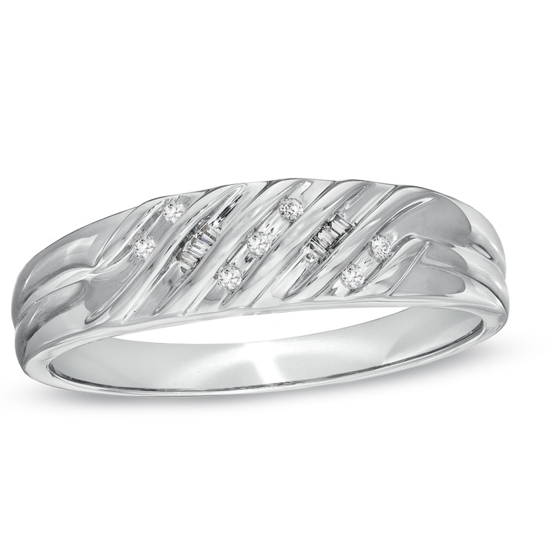 Men's 1/10 CT. T.W. Diamond Multi-Groove Wedding Band in 10K White Gold