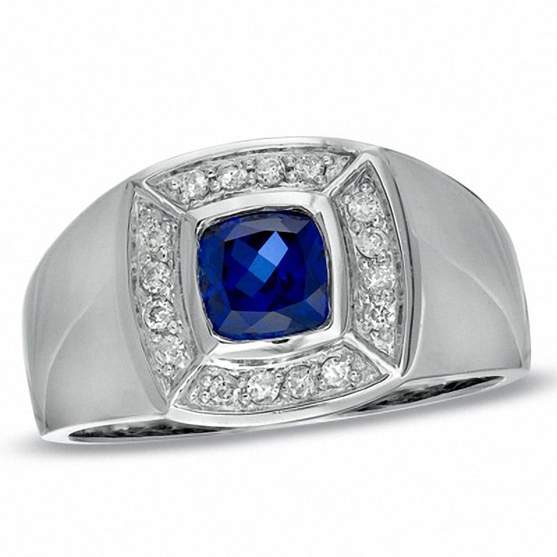 Main Image 1 of Men's Lab-Created Blue Sapphire and 1/5 CT. T.W. Diamond Ring in 10K White Gold