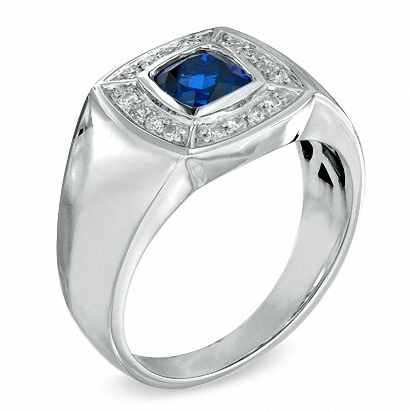 Main Image 2 of Men's Lab-Created Blue Sapphire and 1/5 CT. T.W. Diamond Ring in 10K White Gold
