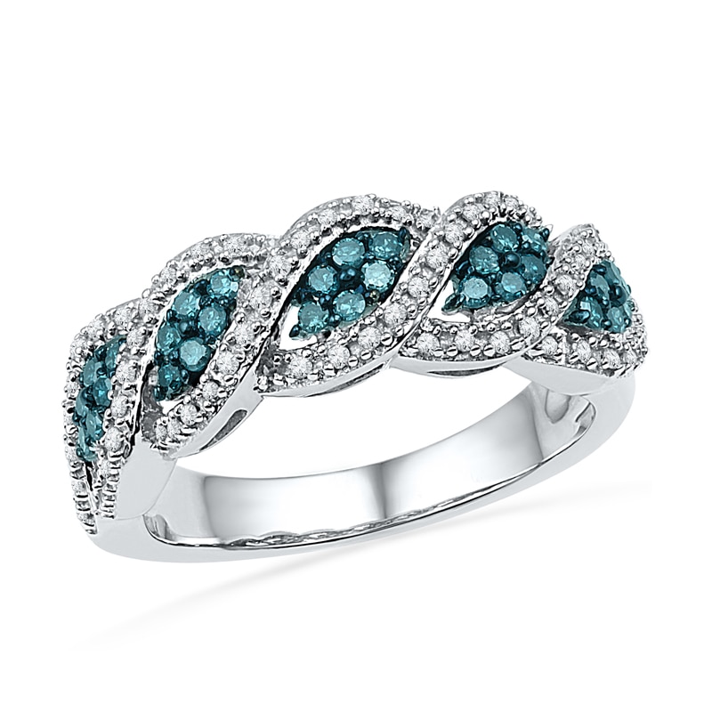 1/2 CT. T.W. Enhanced Blue and White Diamond Wave Band in 10K White ...