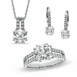 Cushion-Cut Lab-Created White Sapphire Pendant, Ring and Earrings Set in Sterling Silver - Size 7