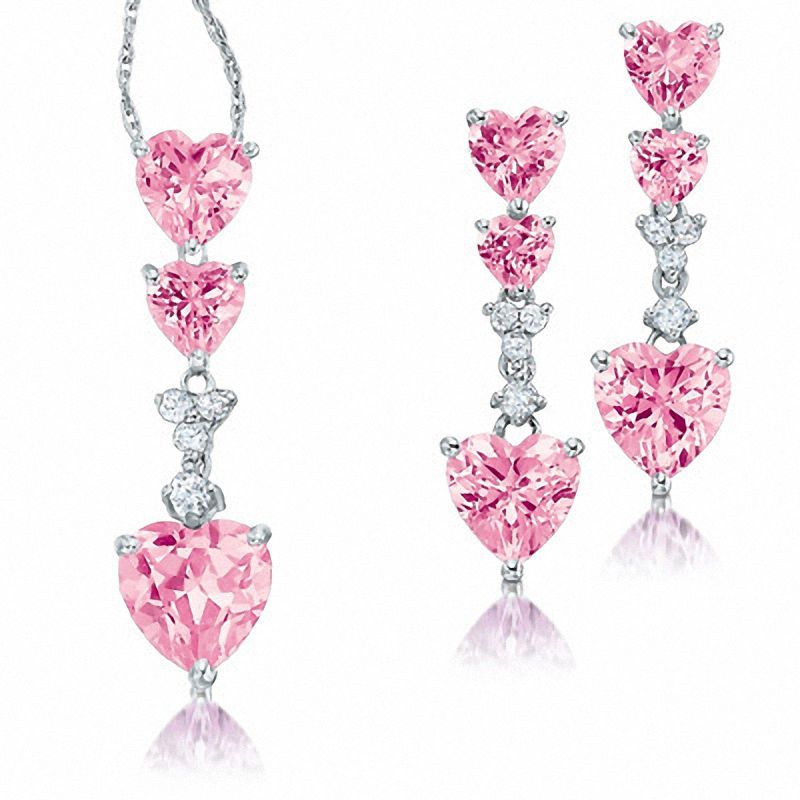 Main Image 1 of Heart-Shaped Lab-Created Pink and White Sapphire Pendant and Earrings Set in Sterling Silver