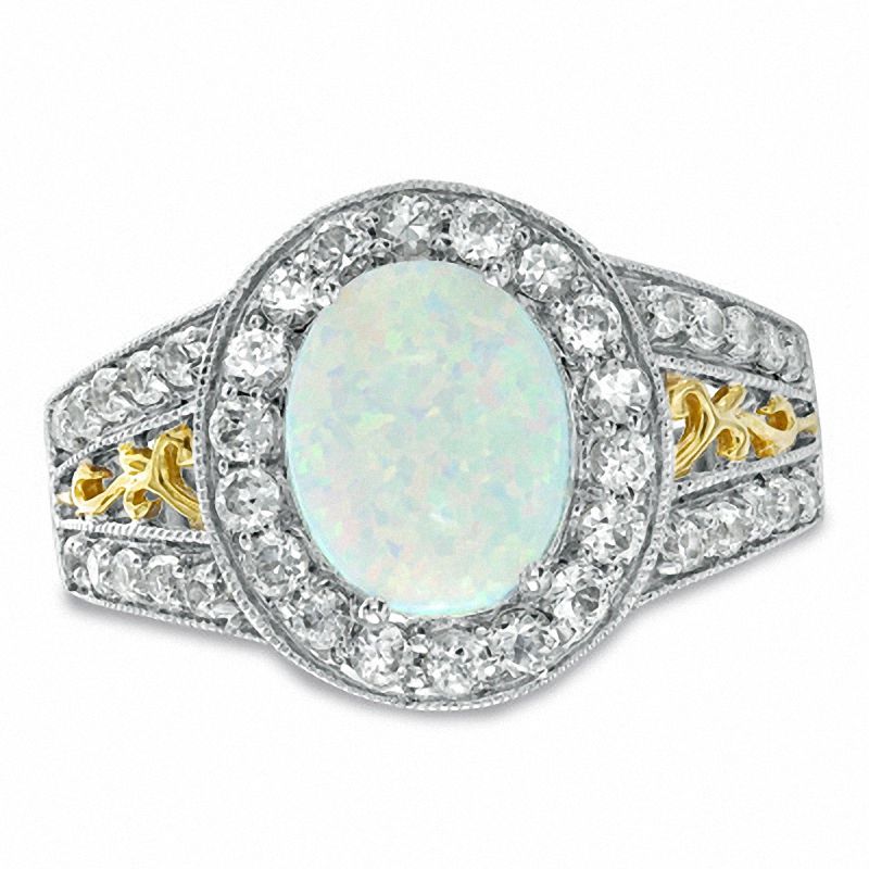 Main Image 1 of Oval Lab-Created Opal and White Sapphire Ring in Sterling Silver with 14K Gold Plate