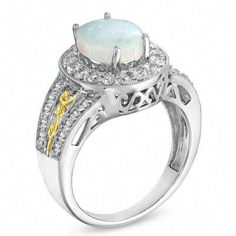 Main Image 2 of Oval Lab-Created Opal and White Sapphire Ring in Sterling Silver with 14K Gold Plate