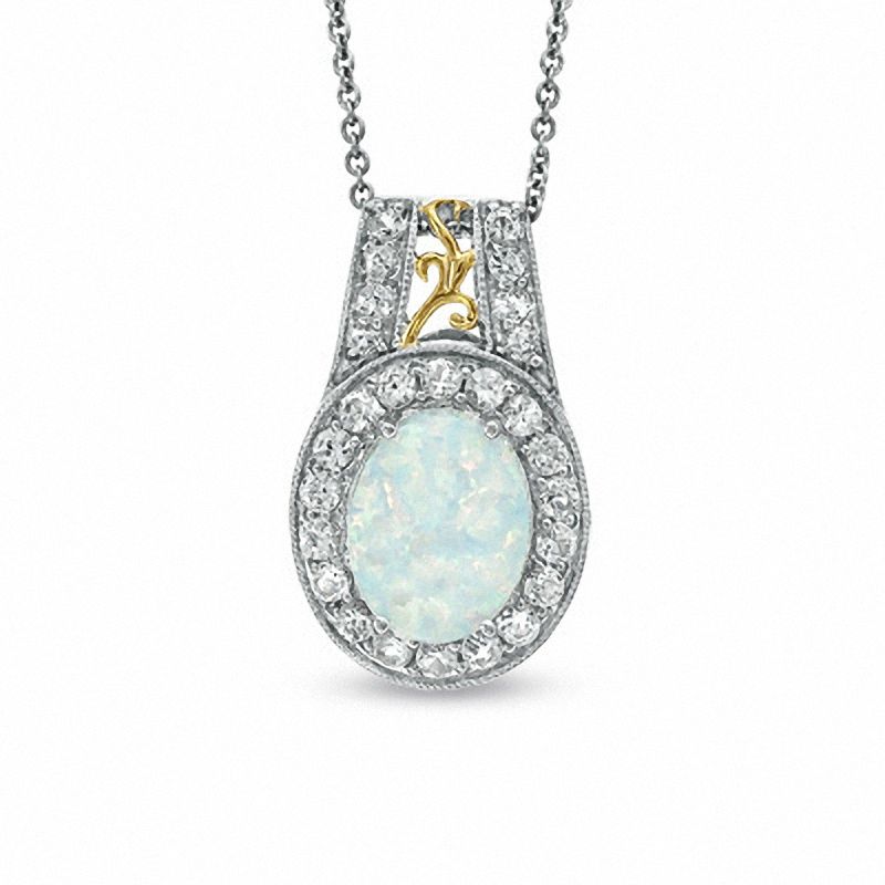 Oval Lab-Created Opal and White Sapphire Pendant in Sterling Silver with 14K Gold Plate