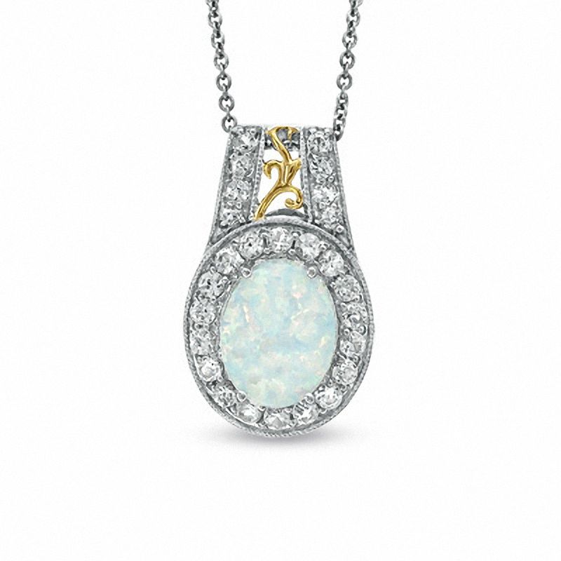 Main Image 1 of Oval Lab-Created Opal and White Sapphire Pendant in Sterling Silver with 14K Gold Plate