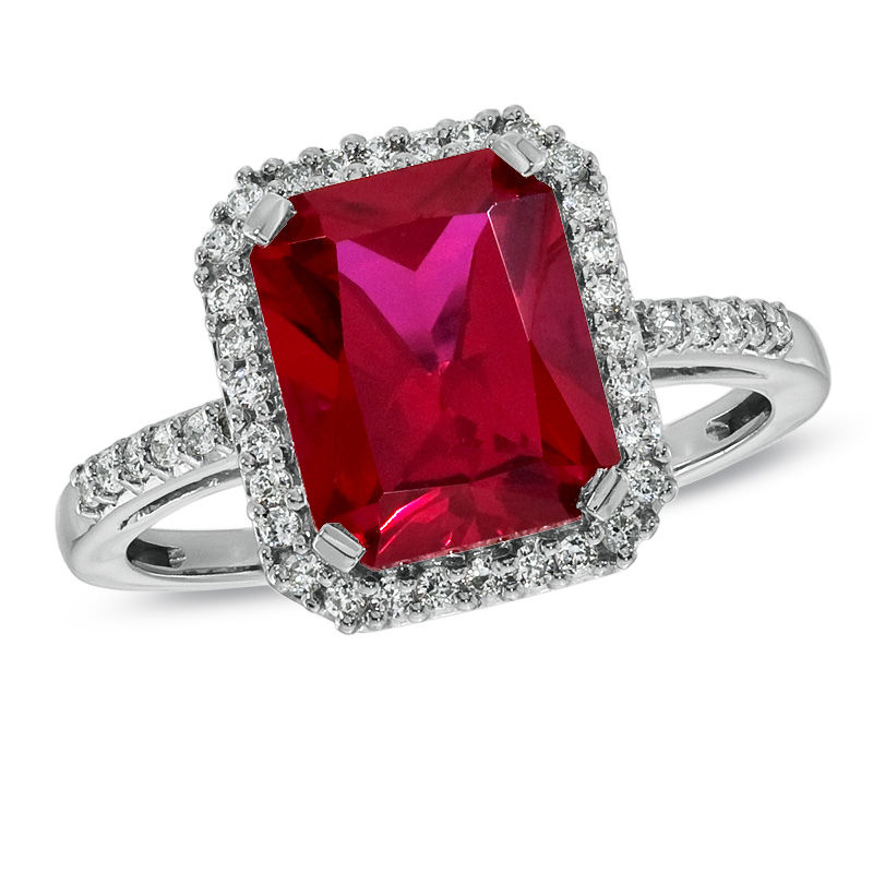 Emerald-Cut Lab-Created Ruby and White Sapphire Ring in Sterling Silver