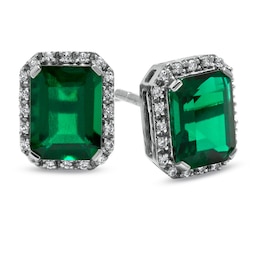 Lab-Created Emerald and White Sapphire Stud Earrings in Sterling Silver