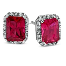 Emerald-Cut Lab-Created Ruby and White Sapphire Stud Earrings in Sterling Silver