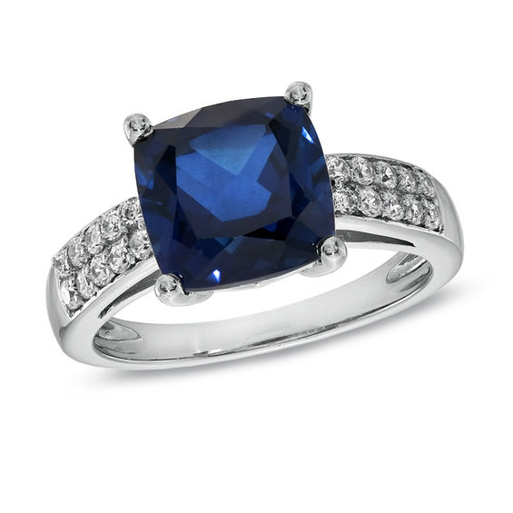 9.0mm Cushion-Cut Lab-Created Blue and White Sapphire Ring in Sterling ...
