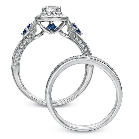 Vera Wang Love Collection 1-1/5 CT. T.w. Diamond and Sapphire Frame Bridal Set in 14K White Gold