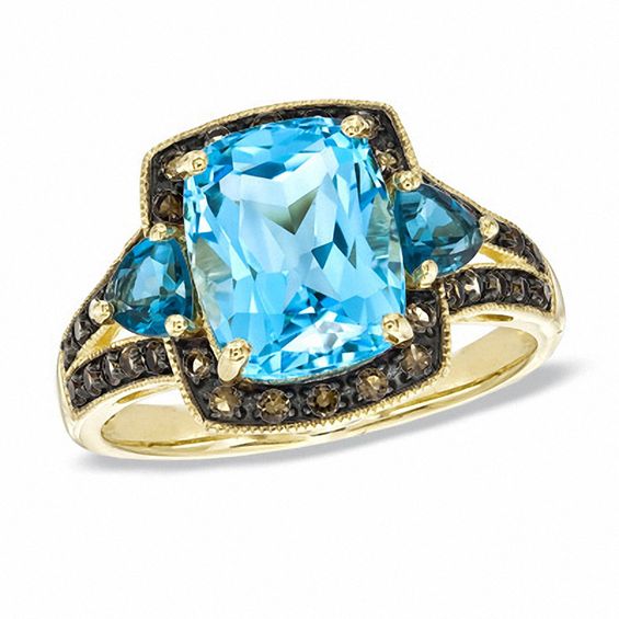 Cushion-Cut Blue Topaz and Smoky Quartz Split-Shank Ring in 10K White Gold