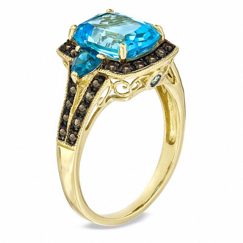 Cushion-Cut Blue Topaz and Smoky Quartz Split-Shank Ring in 10K White Gold
