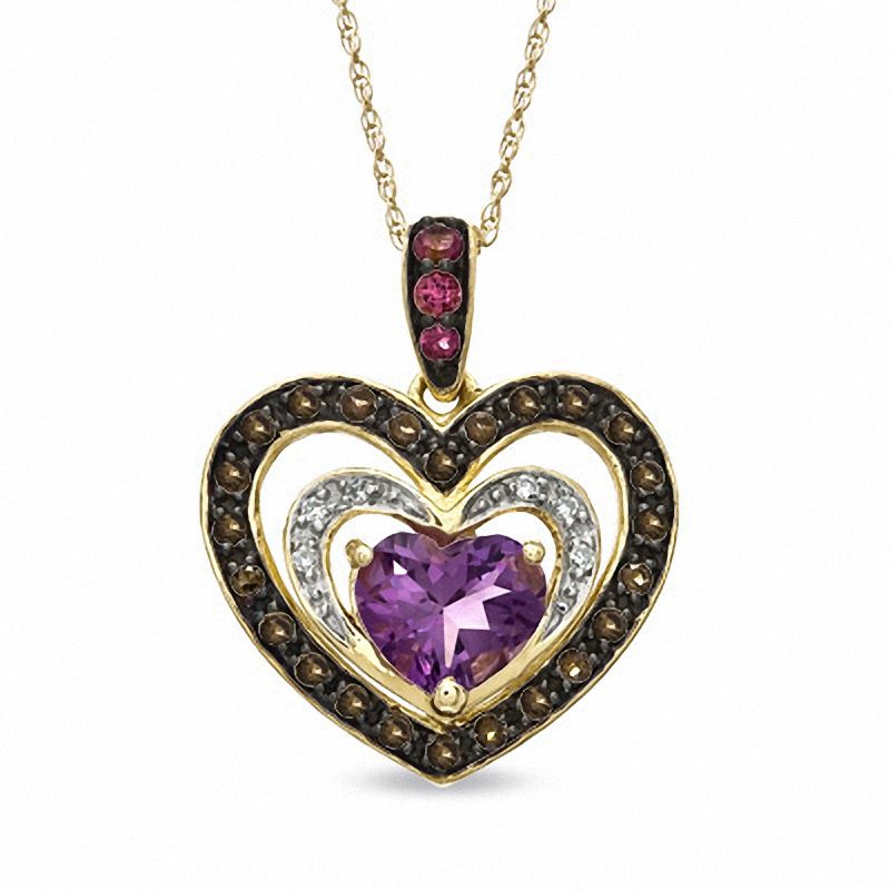 Heart-Shaped Amethyst, Smoky Quartz, Pink Tourmaline and Diamond Accent Triple Heart Pendant in 10K Gold