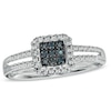 Thumbnail Image 1 of 1/4 CT. T.W. Enhanced Blue and White Diamond Square Frame Split Shank Ring in 10K White Gold