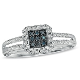 1/4 CT. T.W. Enhanced Blue and White Diamond Square Frame Split Shank Ring in 10K White Gold