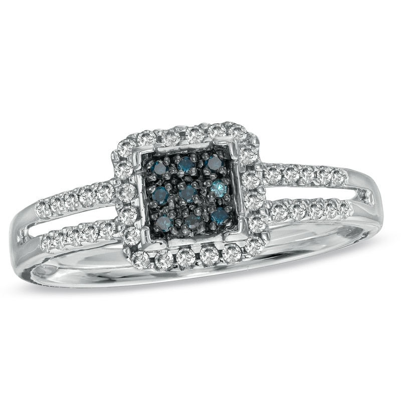 Main Image 1 of 1/4 CT. T.W. Enhanced Blue and White Diamond Square Frame Split Shank Ring in 10K White Gold