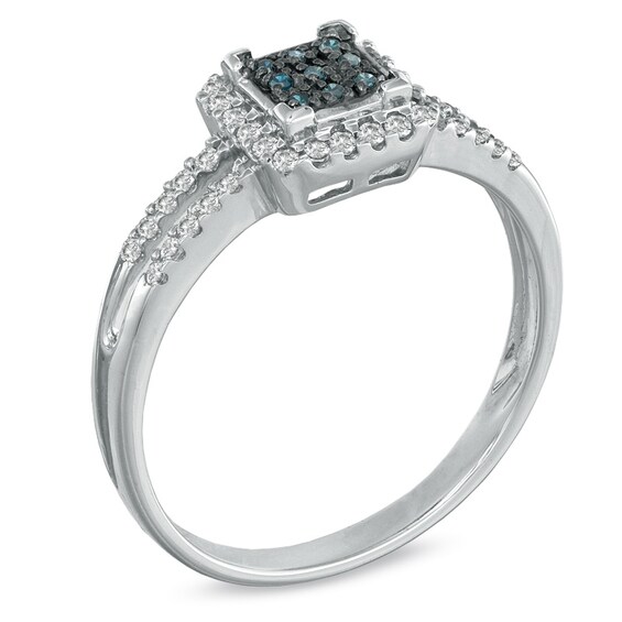 1/4 CT. T.w. Enhanced Blue and White Diamond Square Frame Split Shank Ring in 10K White Gold