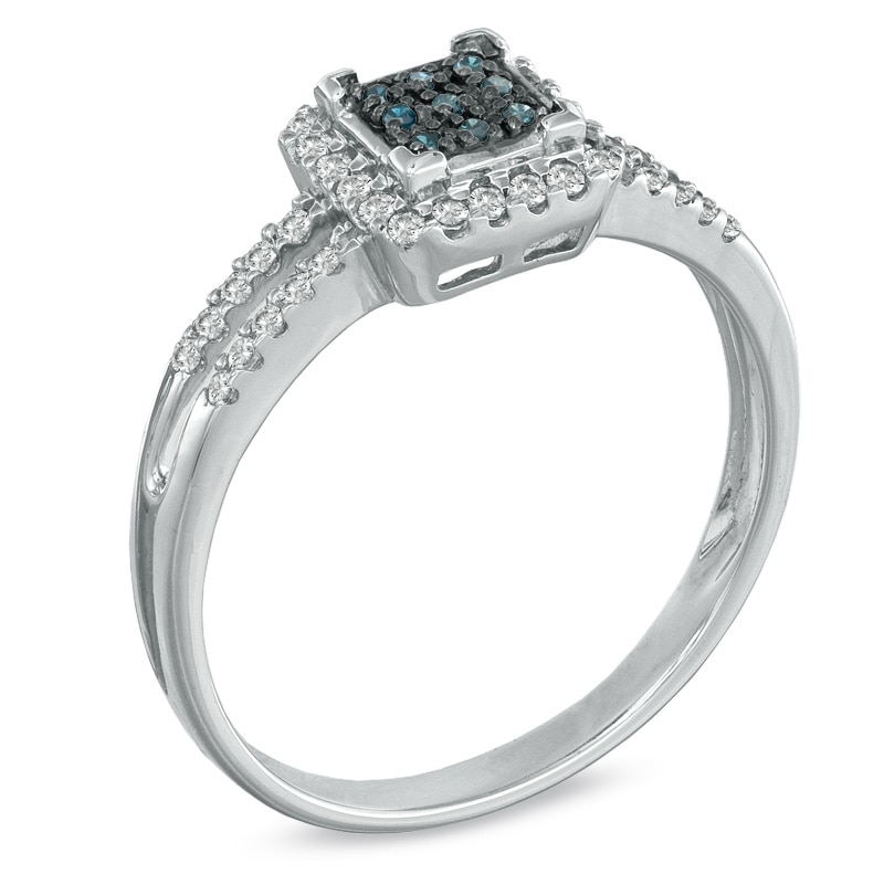 Main Image 2 of 1/4 CT. T.W. Enhanced Blue and White Diamond Square Frame Split Shank Ring in 10K White Gold