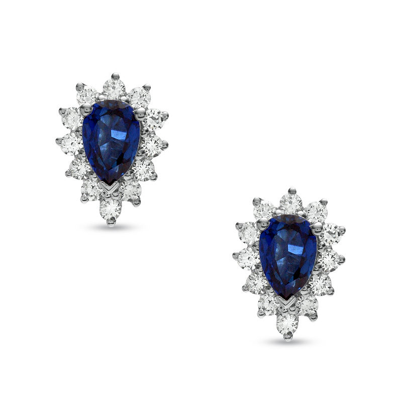 Lab Created Pear Sapphire Diamond Earrings 14K White Gold