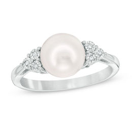 Pearl Rings Zales 8 0 5mm On Cultured Freshwater Pearl And Diamond Accent Ring In Sterling Silver