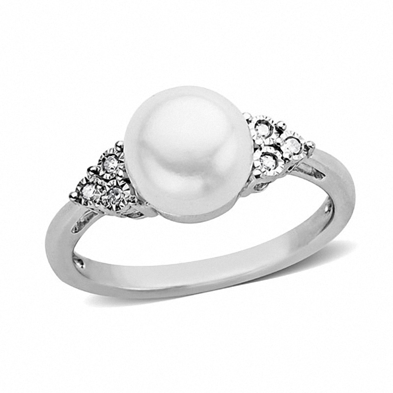 8.0-8.5mm Button Freshwater Cultured Pearl and Diamond Accent Ring in Sterling Silver