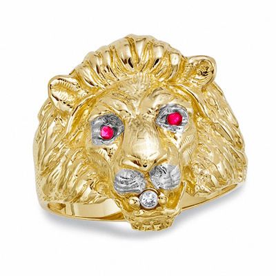Men s Lion Ring with Lab Created Ruby and Diamond Accents in 10K