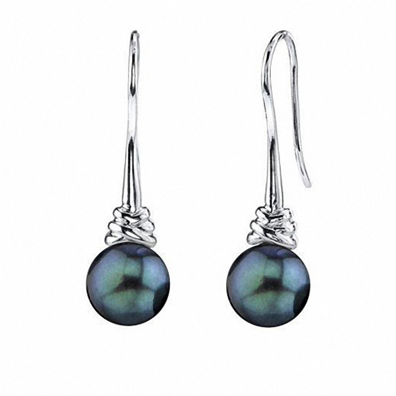 Main Image 1 of 8.0mm Dyed Black Akoya Cultured Pearl Knot Drop Earrings in Sterling Silver