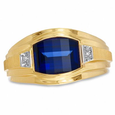 Men's  Blue Sapphire Nugget Ring 10K Two-Tone Gold with Diamond