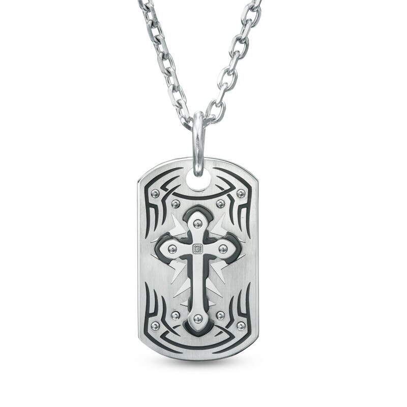 Main Image 1 of Black & Blue Jewelry Co. Diamond Accent Tribal Cross Dog Tag Pendant in Stainless Steel - 30"