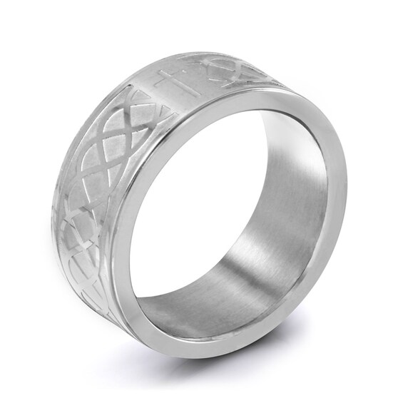 Men's 9.0mm Etched Cross Wedding Band in Stainless Steel Zales