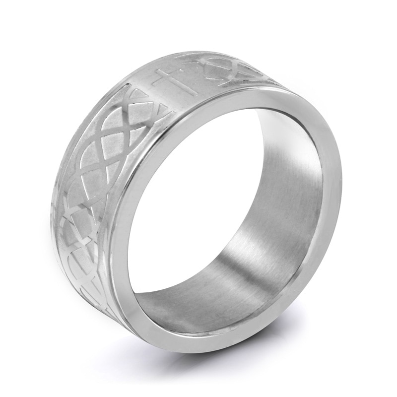Men's 9.0mm Etched Cross Wedding Band in Stainless Steel | Zales