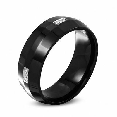 Solid Titanium Black IP Simulated Diamond Beveled Edge Wedding Ring Band 