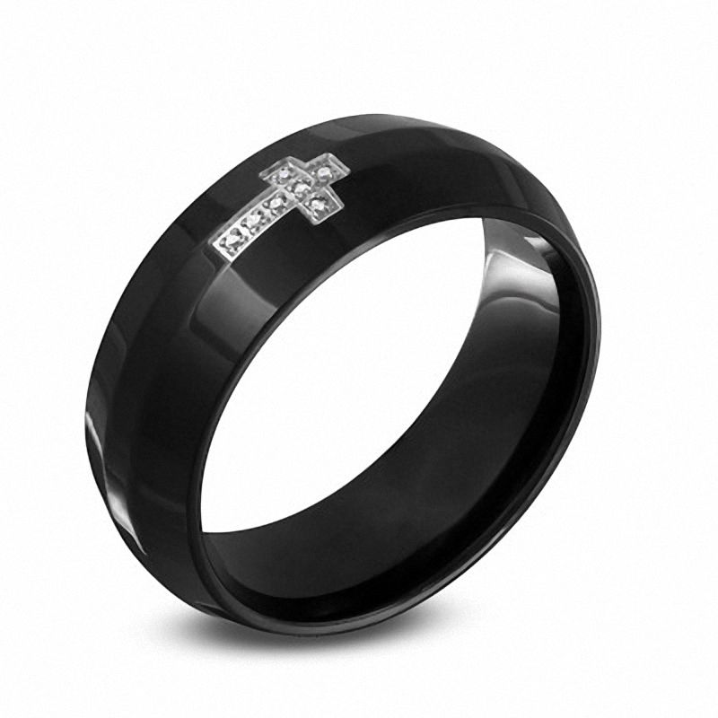 Men's Diamond Accent Sideways Cross Wedding Band in Black IP Stainless
