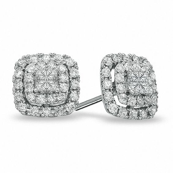 1 CT. T.w. Princess-Cut Diamond Double Frame Stud Earrings in 10K White Gold