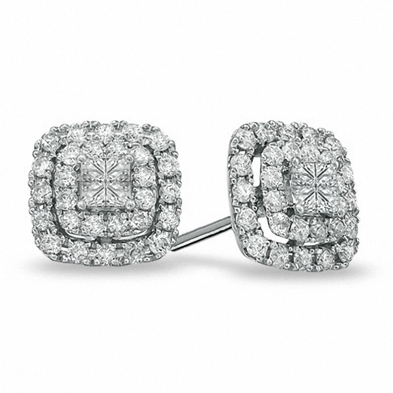 Main Image 1 of 1 CT. T.W. Princess-Cut Diamond Double Frame Stud Earrings in 10K White Gold