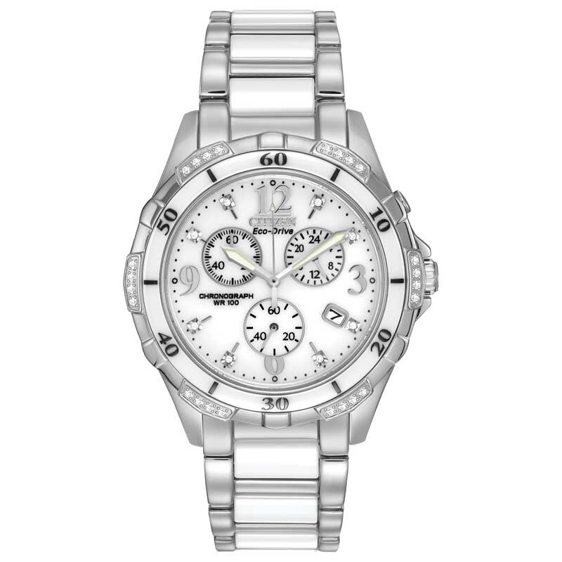 Main Image 1 of Ladies' Citizen Eco-Drive® Diamond Accent Ceramic and Stainless Steel Chronograph Watch (Model: FB1230-50A)